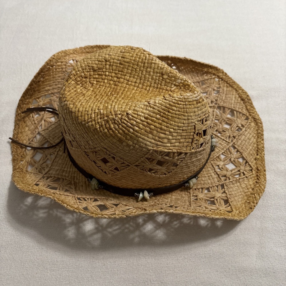 Scala Collection Woven Boho Western Sun Hat Macrame Shell Woods One Size